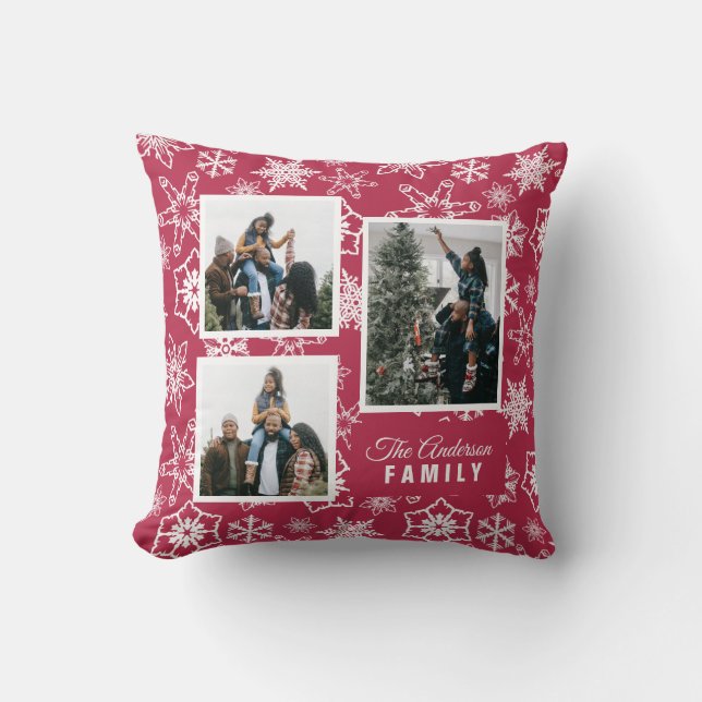 Red Snowflake Pattern Custom Holiday Photos Cushion (Front)