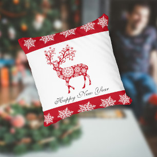 Red Snowflake pattern Deer Throw Pillow