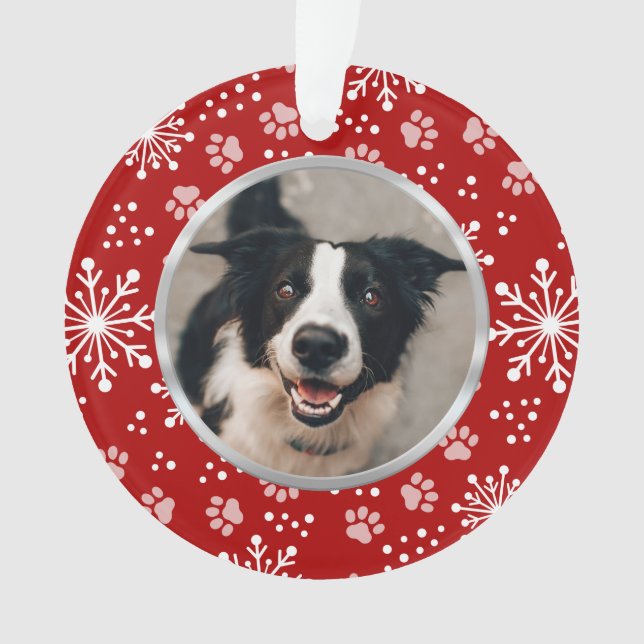 Red Snowflake Paw Pattern Pet Photo Ornament (Front)