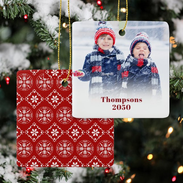 Red Snowflake Photo Custom Red Snowflake Ceramic Ornament (Red and white snowflake pattern with photo template.)