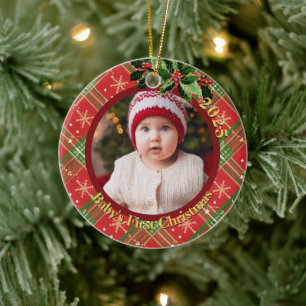 Red Snowflake Plaid Baby's First Christmas Photo Ceramic Ornament