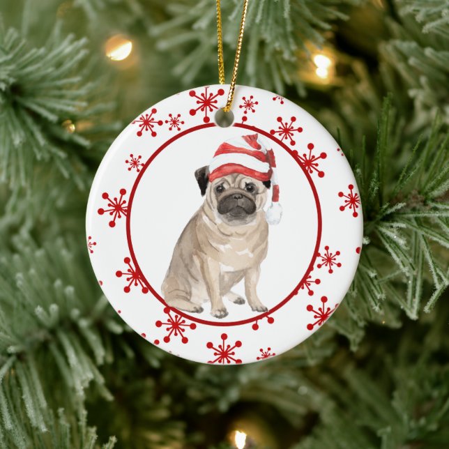 Red Snowflake Santa Hat Pug Christmas Ceramic Ornament (Tree)