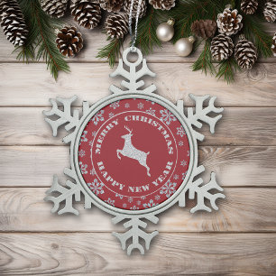 Red Snowflake Silver Reindeer Snowflake Pewter Christmas Ornament