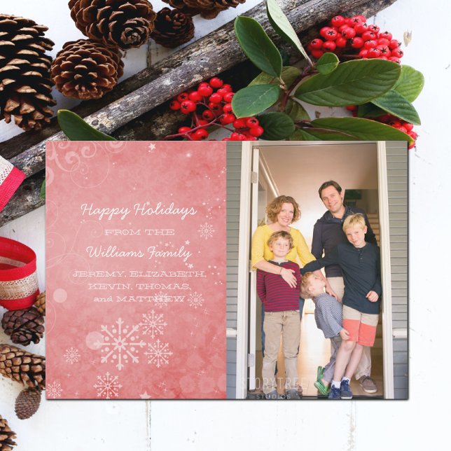 Red Snowflake Swirls Holiday Photo Flat Card (Red Snowflake Swirls Holiday Photo Card)