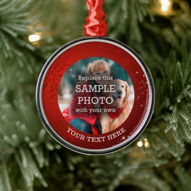 Red Snowflake White Stars Photo Custom Text Metal Ornament (Tree)