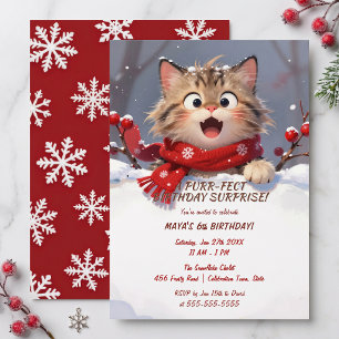Red Snowflake Winter Kitten Girls Birthday Invitation