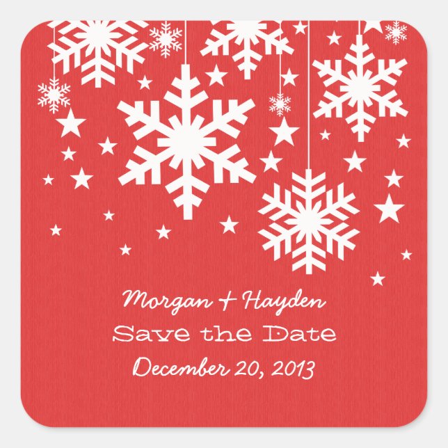 Red Snowflakes and Stars Save the Date Stickers (Front)