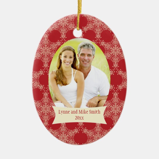 Red snowflakes Christmas holiday photo ornament (Front)