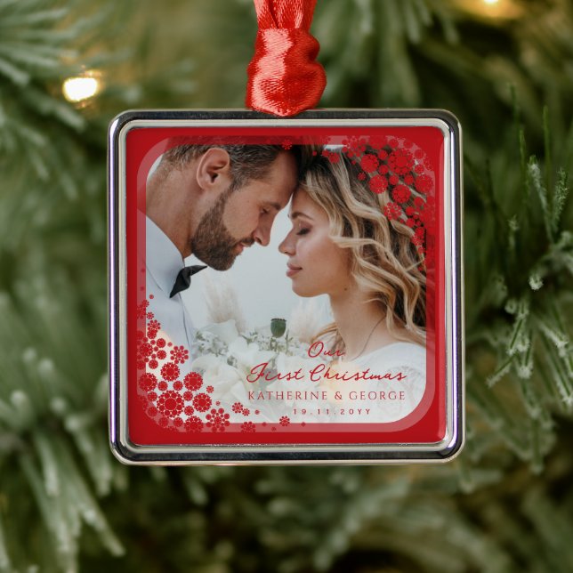 Red Snowflakes Frame Modern Holiday Wedding Photo Metal Ornament (Tree)