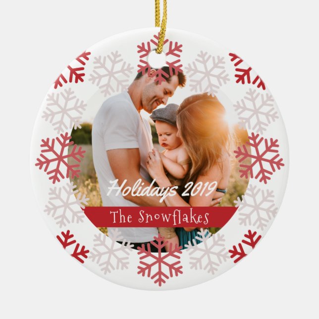 Red Snowflakes Holidays White Ceramic Ornament (Front)