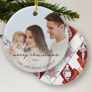 Red Snowflakes Merry Christmas Family Name Photo  Ceramic Ornament