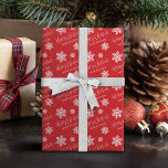 Red Snowflakes Merry Christmas Script Custom Wrapping Paper<br><div class="desc">Christmas gift wrapping paper feature snow flakes,  modern calligraphy merry Christmas script and personalised text on colour editable red background. 
Customise the background colour with your choice.</div>