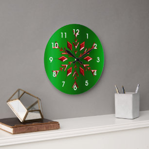 Red Snowflakes on Green Christmas Large Clock