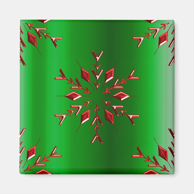 Red Snowflakes on Green Christmas Magnet (Front)