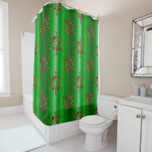 Red Snowflakes on Green Christmas Shower Curtain