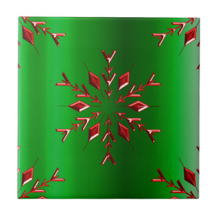 Red Snowflakes on Green Christmas Tile