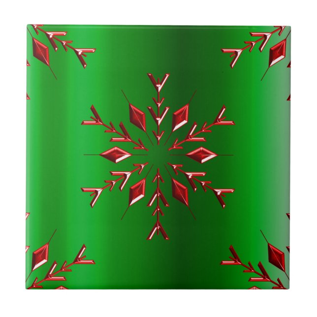 Red Snowflakes on Green Christmas Tile (Front)