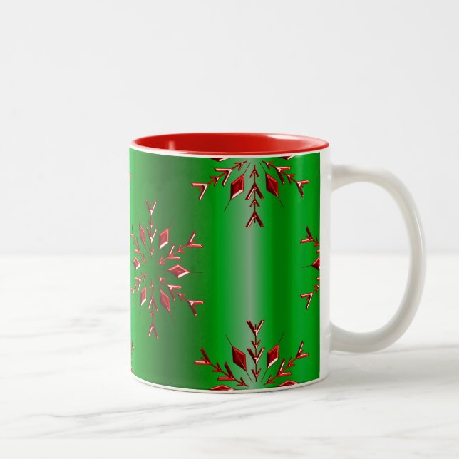 Red Snowflakes on Green Christmas Two-Tone Coffee Mug (Right)