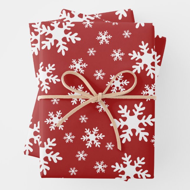 Red Snowflakes Snow Winter Christmas Holidays Wrapping Paper Sheet (In situ)
