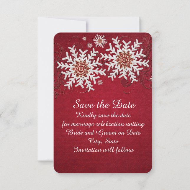 Red Snowflakes Swirls Save the date (Front)