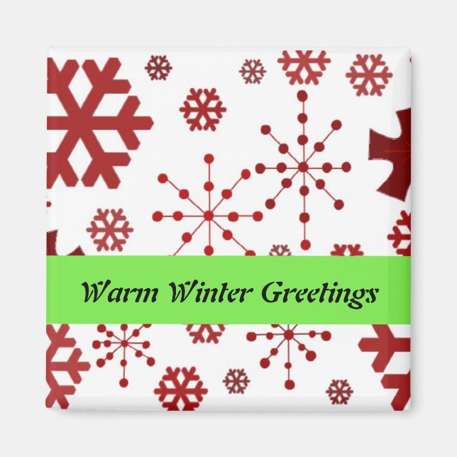 Red Snowflakes Warm Winter Greetings Magnet (Front)