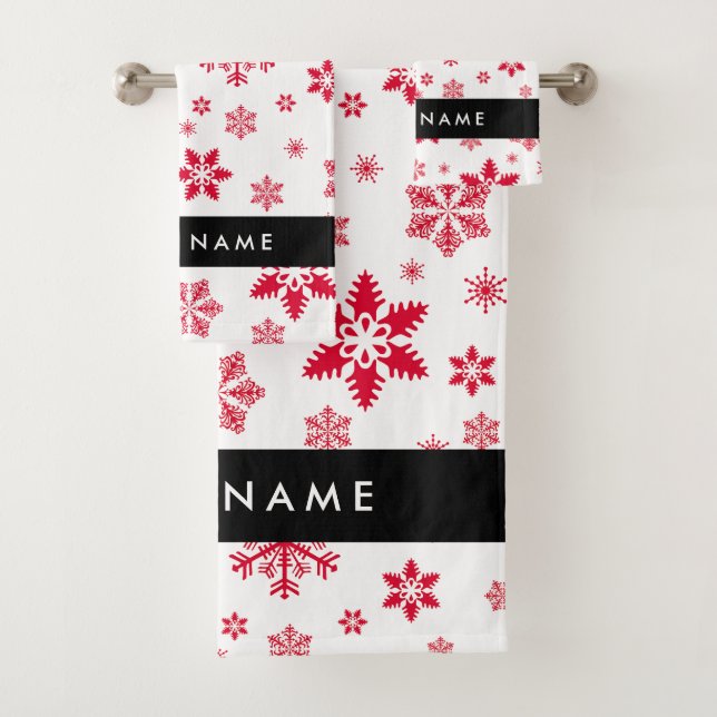 Red Snowflakes, Your name, Personalise Bath Towel Set (Insitu)