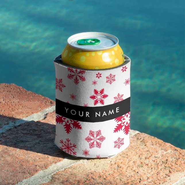 Red Snowflakes, Your name, Personalise Can Cooler (In Situ Pool)