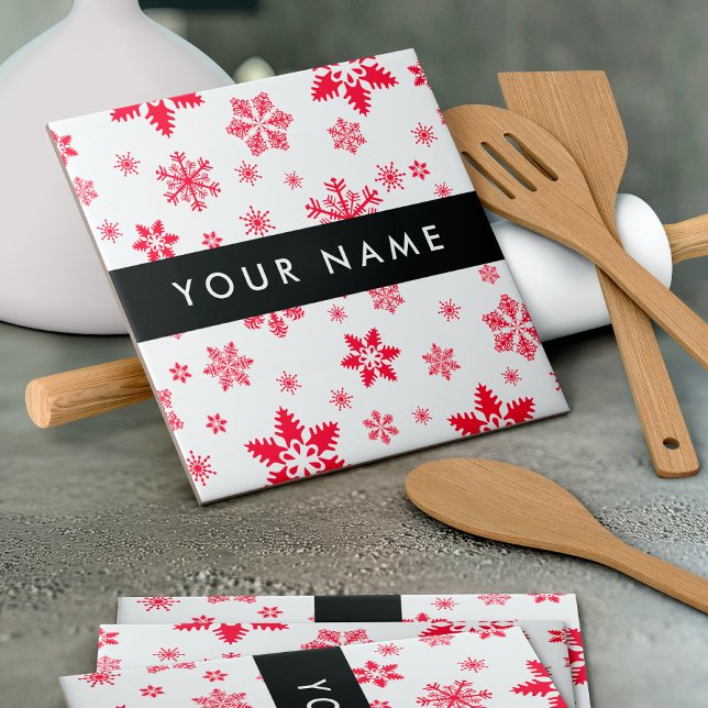 Red Snowflakes, Your name, Personalise Ceramic Tile (Creator Uploaded)