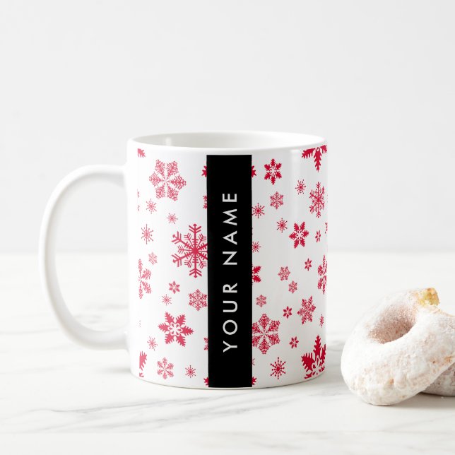 Red Snowflakes, Your name, Personalise Coffee Mug (With Donut)