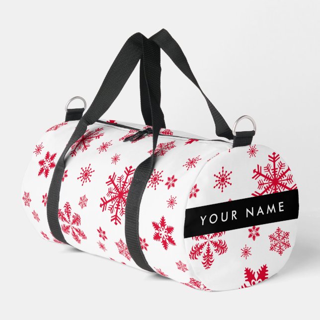 Red Snowflakes, Your name, Personalise Duffle Bag (Left Corner)