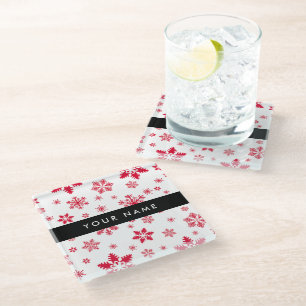 Red Snowflakes, Your name, Personalise Glass Coaster
