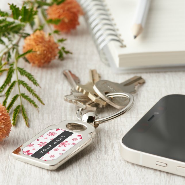 Red Snowflakes, Your name, Personalise Key Ring (Side)