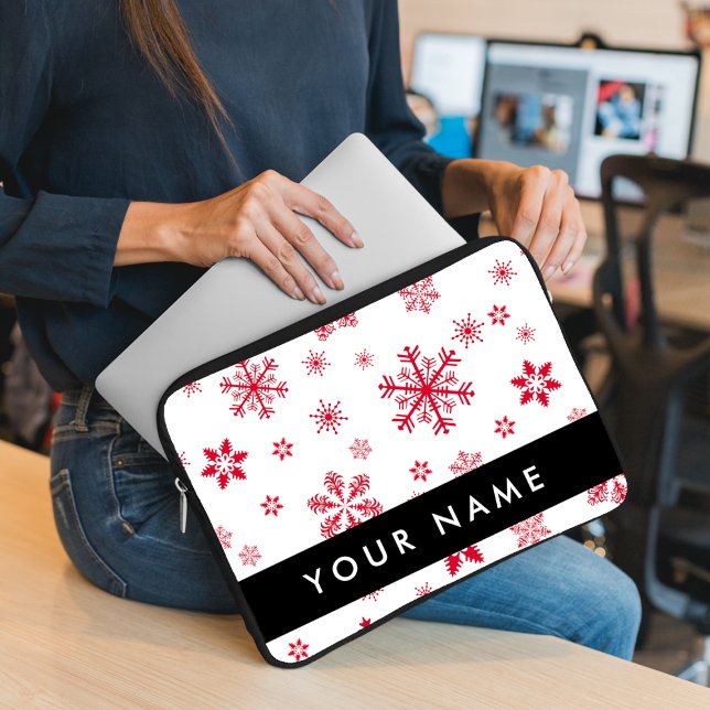 Red Snowflakes, Your name, Personalise Laptop Sleeve (Creator Uploaded)