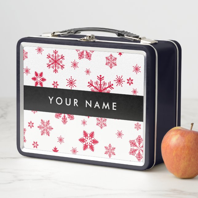 Red Snowflakes, Your name, Personalise Metal Lunch Box (In Situ)