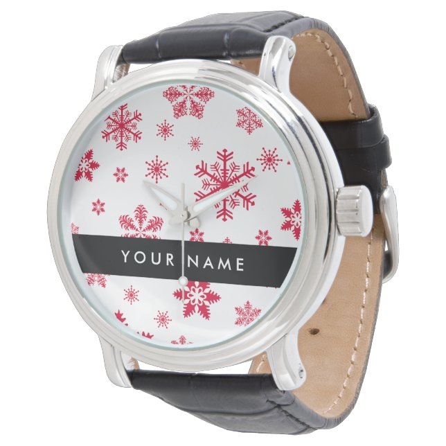 Red Snowflakes, Your name, Personalise Watch (Angled)