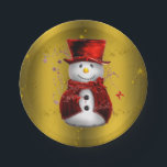 Red Snowman on Gold Christmas Paper Plate<br><div class="desc">A very festive Christmas party paper plate featuring a jovial looking snowman dressed in red velvet vest and top hat on a gold background to give your Christmas entertaining and dining a real touch of colour and cuteness this holiday season.</div>