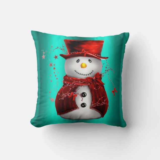 Red Snowman on Teal Christmas Cushion (Front)