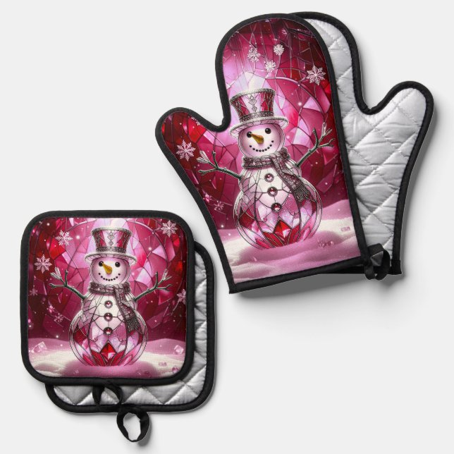 Red Snowman Snowflakes Oven Mitt & Pot Holder Set (Front/Back)