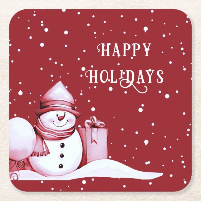 Red Snowman Snowy Christmas Holiday Paper Coaster (Front)