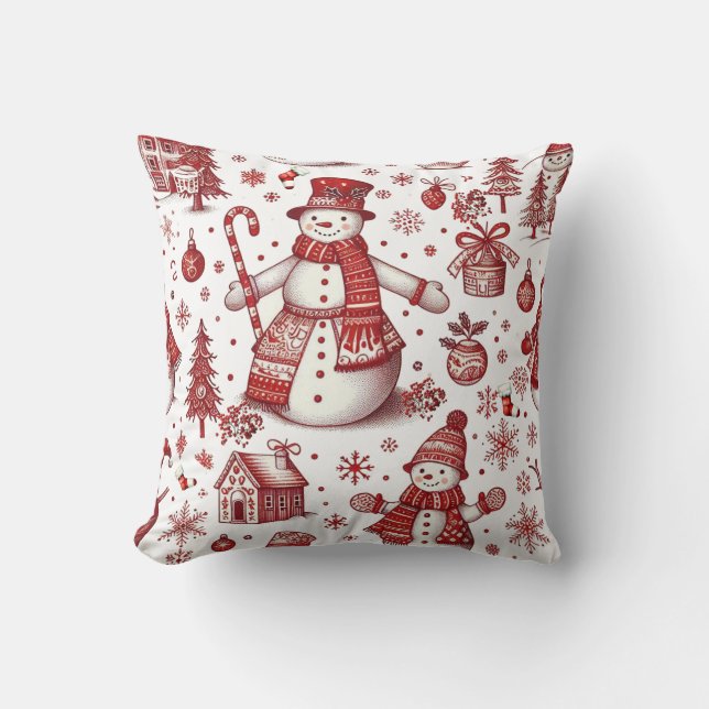Red Snowman Toile Winter Pattern  Cushion (Front)
