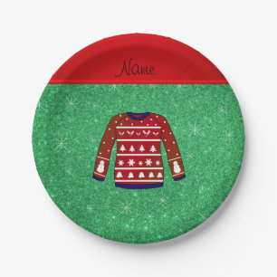 Red snowman ugly christmas sweater green glitter paper plate