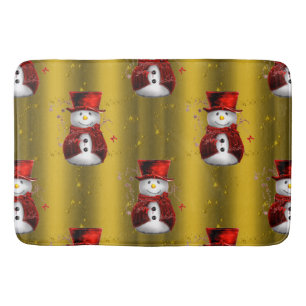 Red Snowmen on Gold Bath Mat