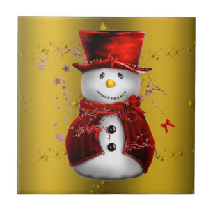 Red Snowmen on Gold Ceramic Tile
