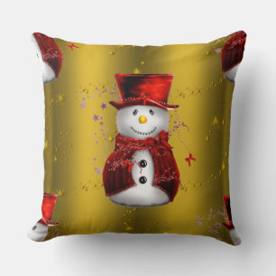 Red Snowmen on Gold Cushion