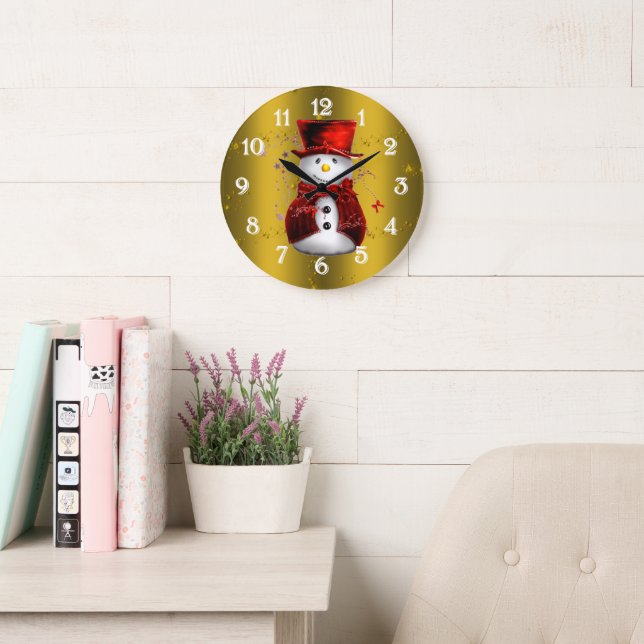 Red Snowmen on Gold Large Clock (Reading Room)