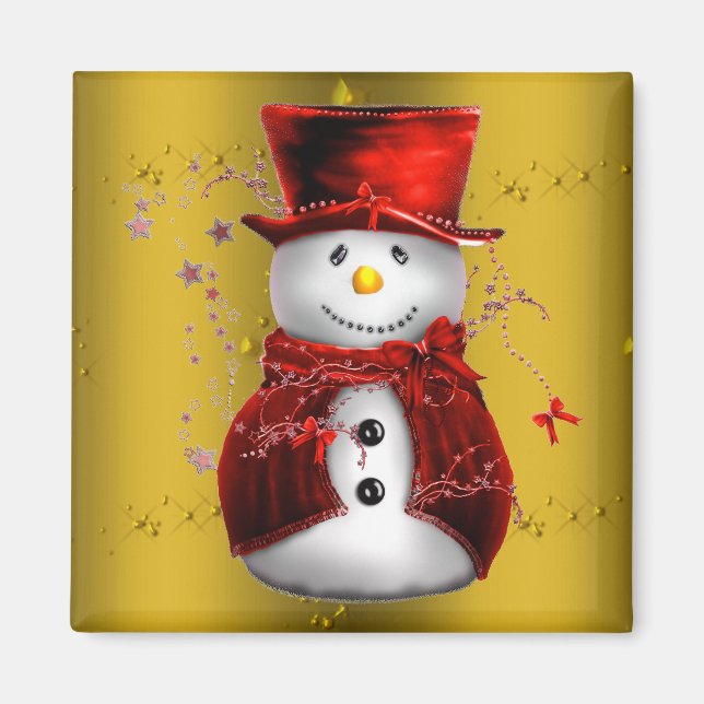 Red Snowmen on Gold Magnet (Front)