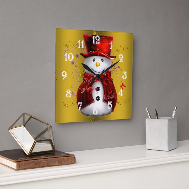 Red Snowmen on Gold Square Wall Clock (Office)
