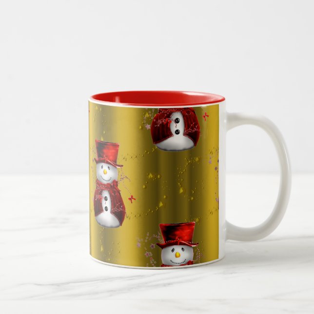 Red Snowmen on Gold Two-Tone Coffee Mug (Right)