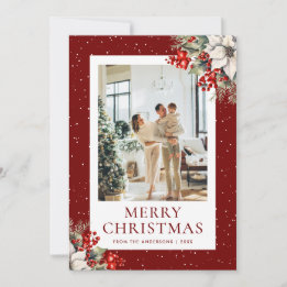 Red Snowy Botanical Photo Christmas Card