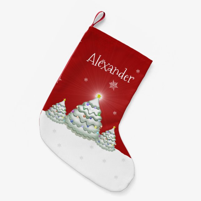 Red Snowy Christmas Tree Christmas Stocking (Front (Hanging))
